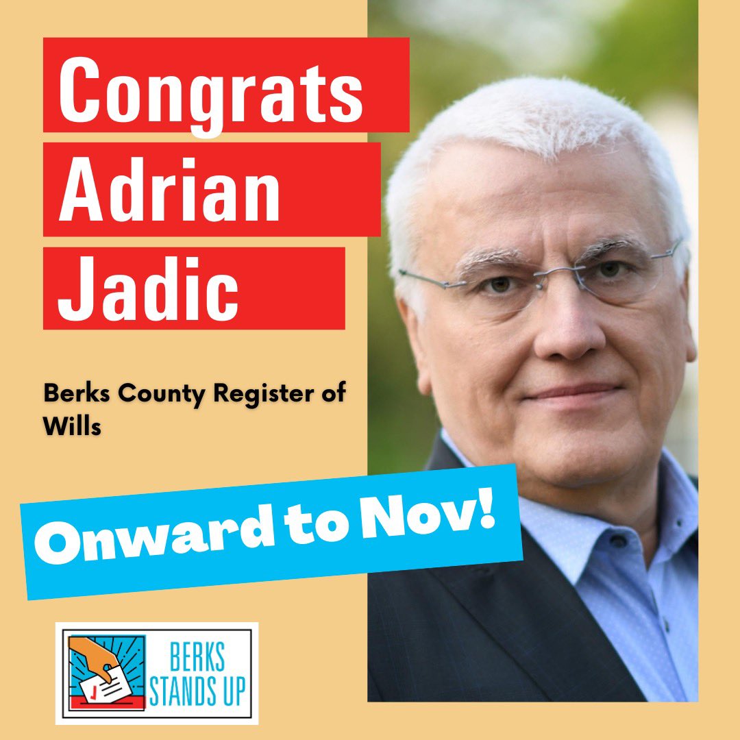 People Powered candidates win! Congrats to <a href="/BerksStandsUp/">Berks Stands Up</a> endorsed candidate <a href="/AdrianJadic/">Adrian Jadic</a> who won in the Primary election for Berks County Register of wills! We look forward to supporting them for the general election on November 7!