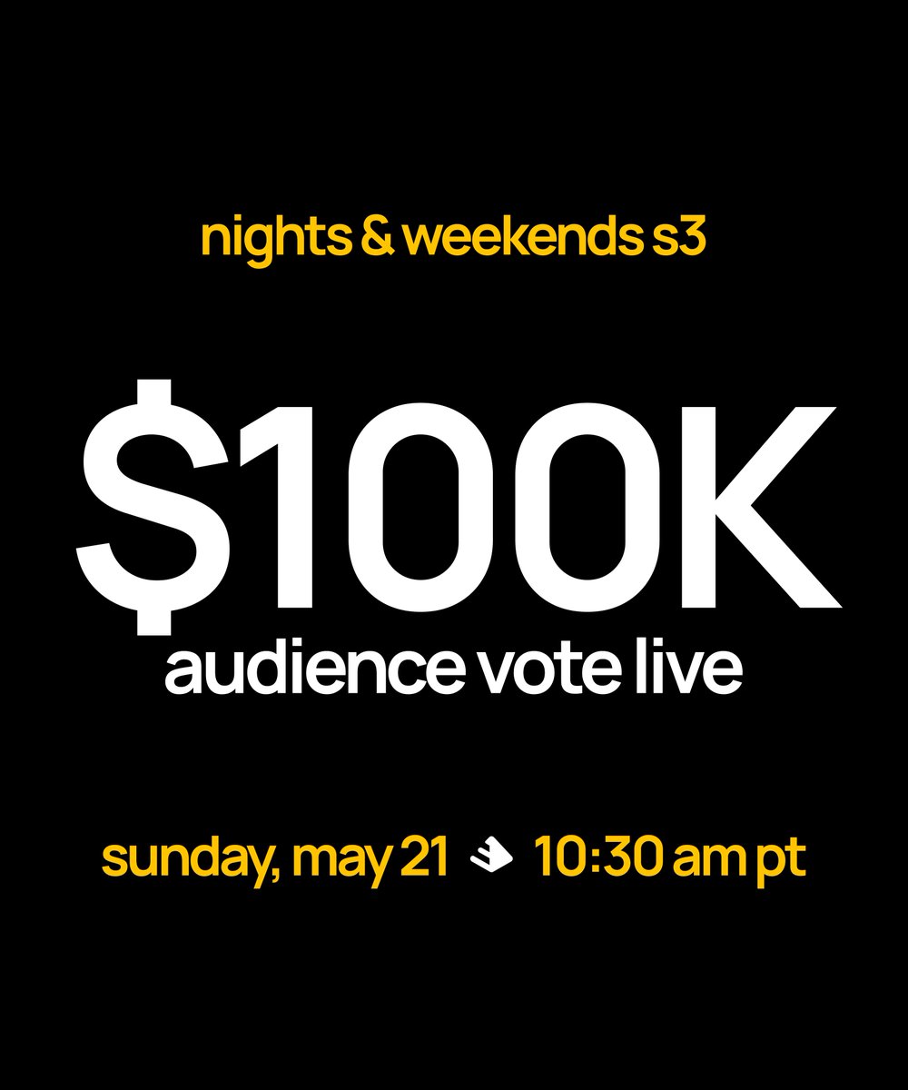 we're hosting a live gameshow this sunday. 

32 ppl will go head-to-head w/ the projects they've built over the past 6 weeks.

$100k is on the line.

best part -- you decide who wins.