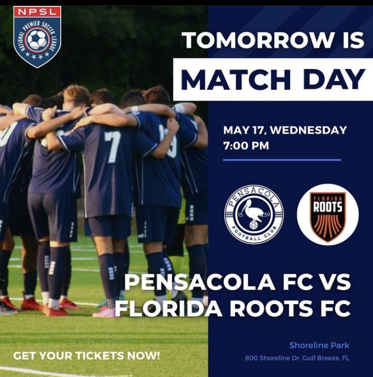 PensacolaFC's tweet photo. Pensacola FC Mens NPSL will host Florida Roots from 7pm tomorrow night at Shorline Field in Gulf Breeze, Florida. Come on out and support the Pelicans, as they seek their first win of the 2023 Season. Click on link in bio to purchase tickets. https://t.co/blgNHwnazS