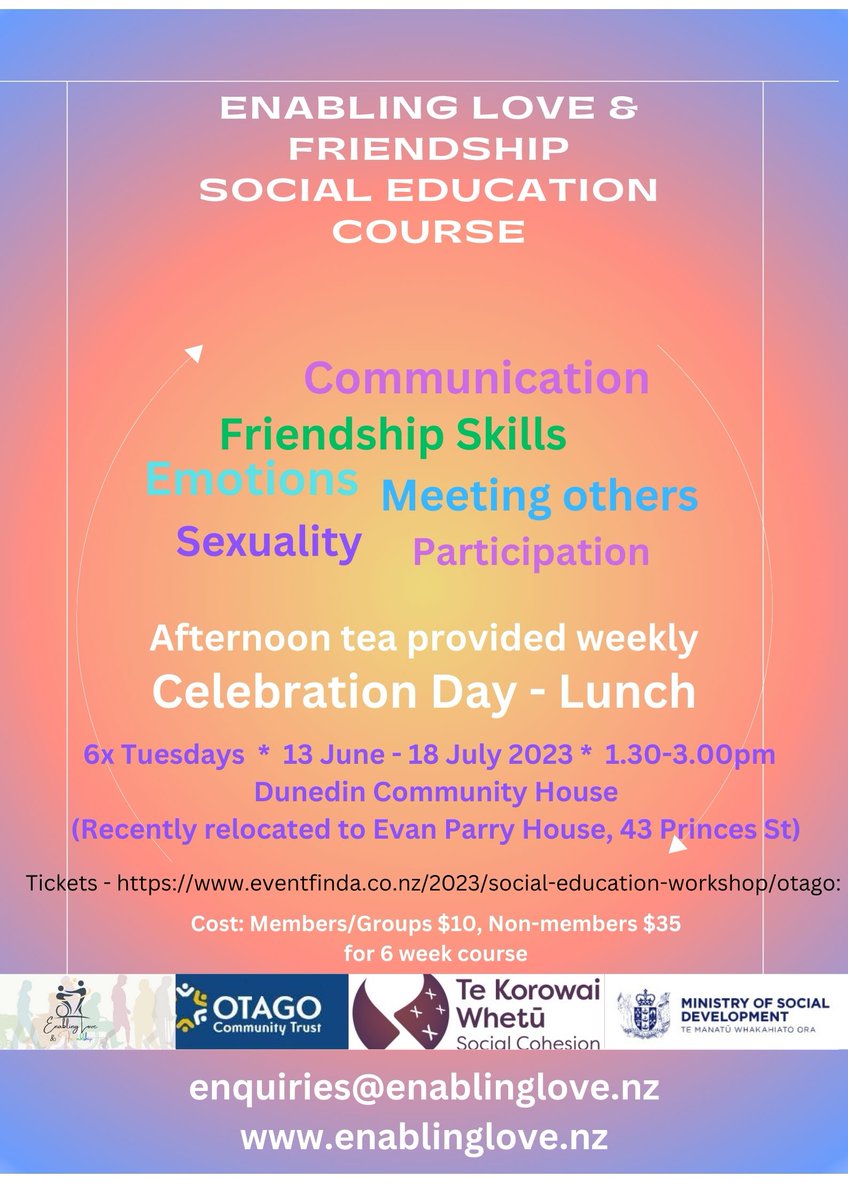 elf_nzelf's tweet photo. Social Education Course starts on the 13th of June, get your ticket at:
https://t.co/LdmZvJX7LS
#LatestNews #BreakingNews #friendships
#events #NewZealand #Dunedin
#disabilityservices
#Datingawareness https://t.co/JlgMXwjDOA