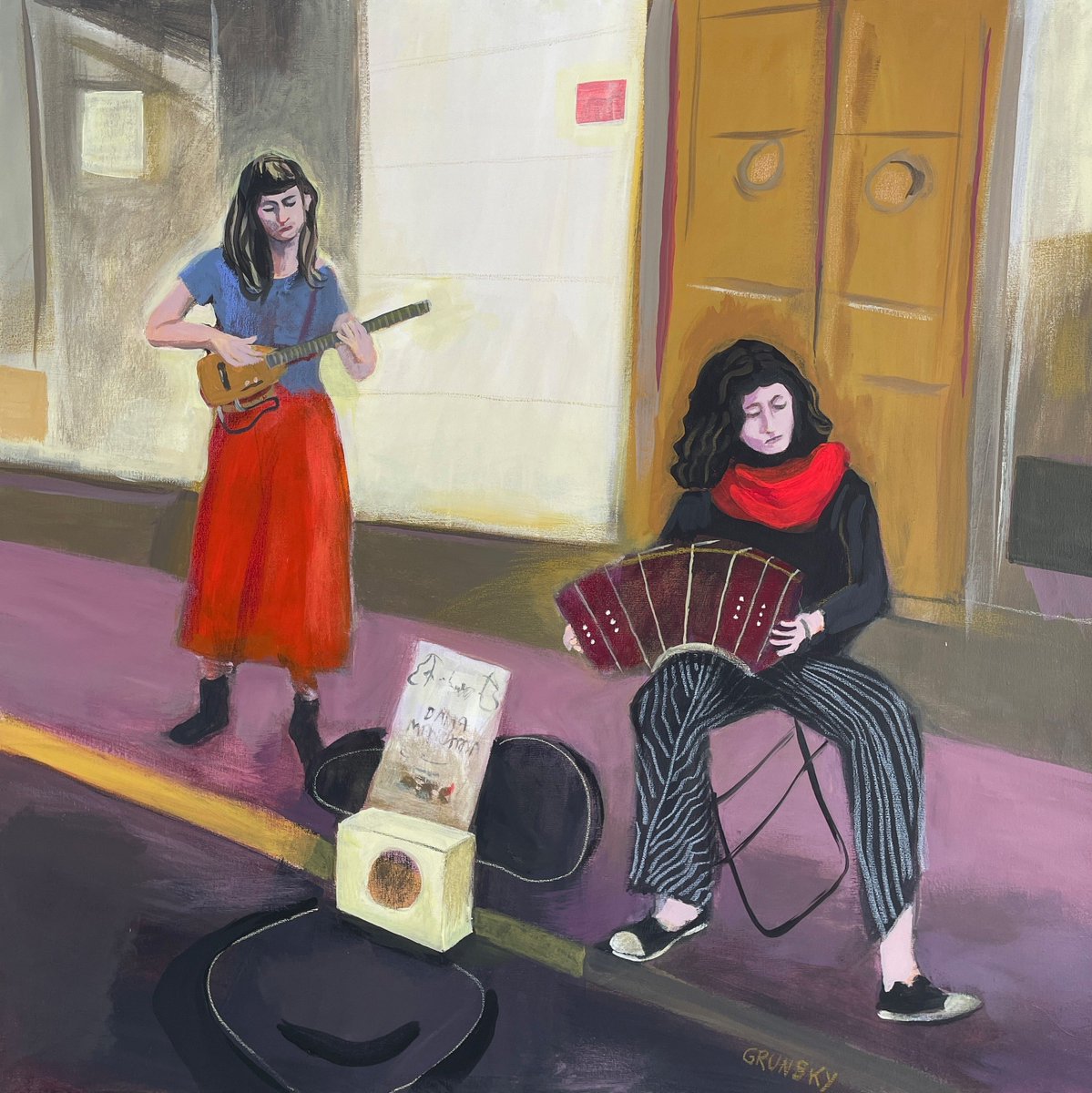 jackgrunsky's tweet photo. I've been inspired to paint this motif I discovered recently, 'Dama Manchada', two charming performers playing tango tunes with the evocative sounding bandoneon accompanied by electric guitar. Giclée prints of this are available on my Etsy shop. https://t.co/lQsiSA4ekR