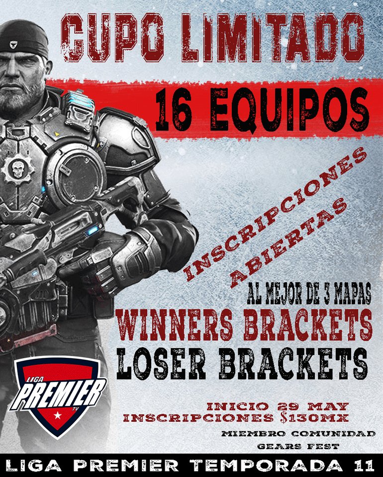 Nos complace anunciar las inscripciones para nuestra Temporada 11 de #Gears5 más información por DM.
CUPO LIMITADO A 16 EQUIPOS
<a href="/TioDissel/">Tio Dissel🎙🔥</a> @EdgarEspi46 <a href="/CHiLiNDRiiN/">CHiLiNDRiiN</a> <a href="/GearsLATAM/">GearsLATAM</a> <a href="/GearsEsports/">Gears Esports</a>