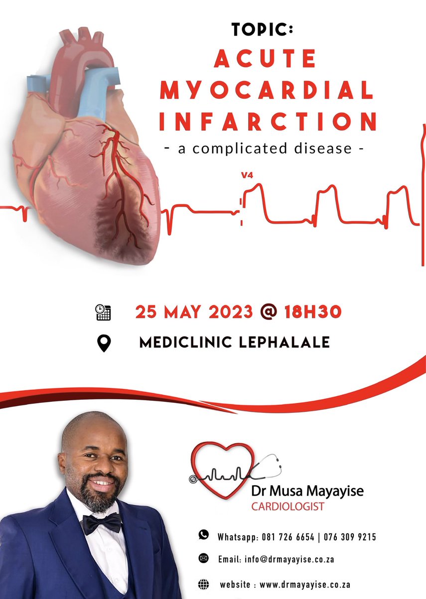 I am grateful for the opportunity to share with colleagues from Lephalale. You are welcome to join us. 🙏🏾

drmayayise.co.za 
#HeartAttack 💔. 
#MyocardialInfarction
#Angina 
#CoronaryArteryDisease
#PlaqueRupture 
#Thrombosis 
#PercutaneousCoronaryInterventio
#thrombolysis