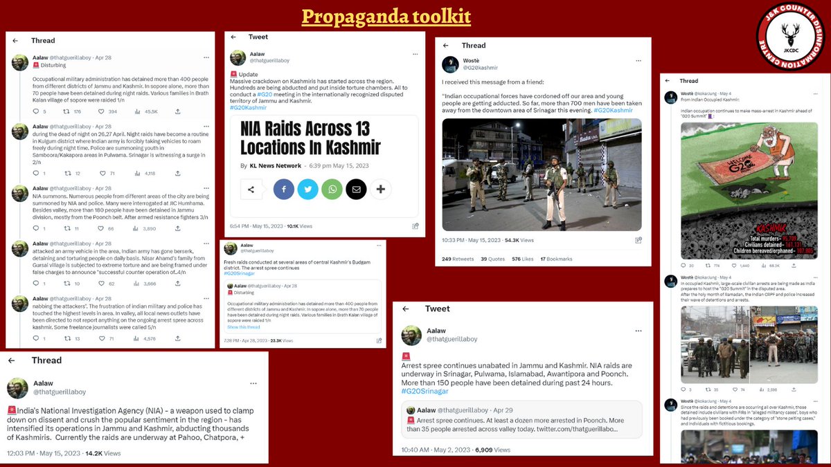 JKCDC_'s tweet photo. Propaganda toolkit against government of India ahead of G20 Summit in Kashmir!

Interest groups are all out to spread fake news & propaganda through pseudo names about Kashmir for the last one month with utmost lies just to disturb peace and harmony in Kashmir ahead of G20 Summit in #Kashmir.

On 28th April, one of the propaganda handles tweeted thread with the false claim that “400 people were arrested in J&K,” on 29th April, same handle claimed “more than 35 people were arrested across Kashmir”, on 2nd May, he again claimed “more than 150 people have been detained in J&K”, and on 15th May, he claimed “Massive crackdown on Kashmiris has started across the region. Thousands are being abducted and put inside torture chambers.”

On 4th May, another propaganda handle posted a thread of 11 tweets with the false claim that “large-scale civilian arrests are being made as India prepares to host the G20 Summit in Kashmir", on 15th May, he claimed “more than 700 men have been taken away from downtown Srinagar.”

(1/3)