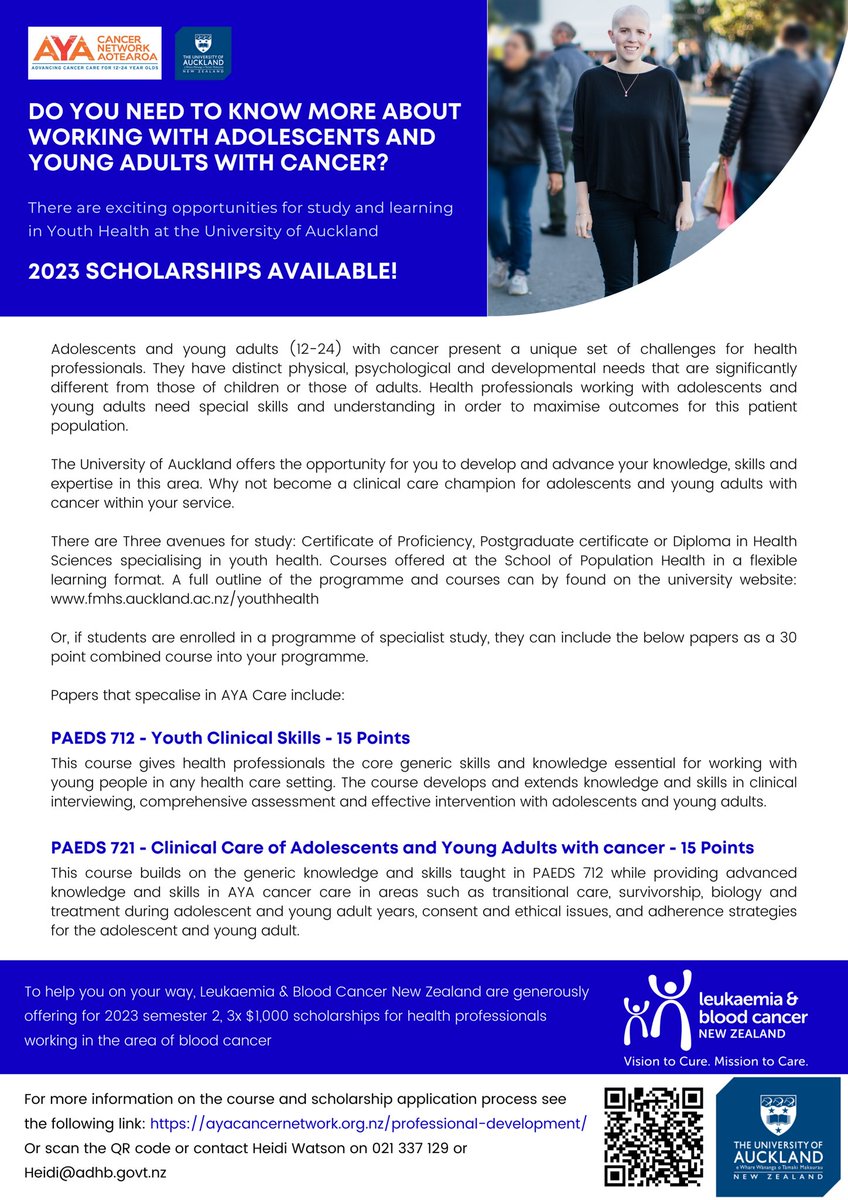 2023 scholarships available now at Auckland University for youth health and clinical care of AYAs with cancer!

Thank you to <a href="/LBCNZ/">leukaemia.org.nz</a> for sponsoring these scholarships. We have 3x $1000 scholarships available 👏🏽

Share to your teams and apply now!