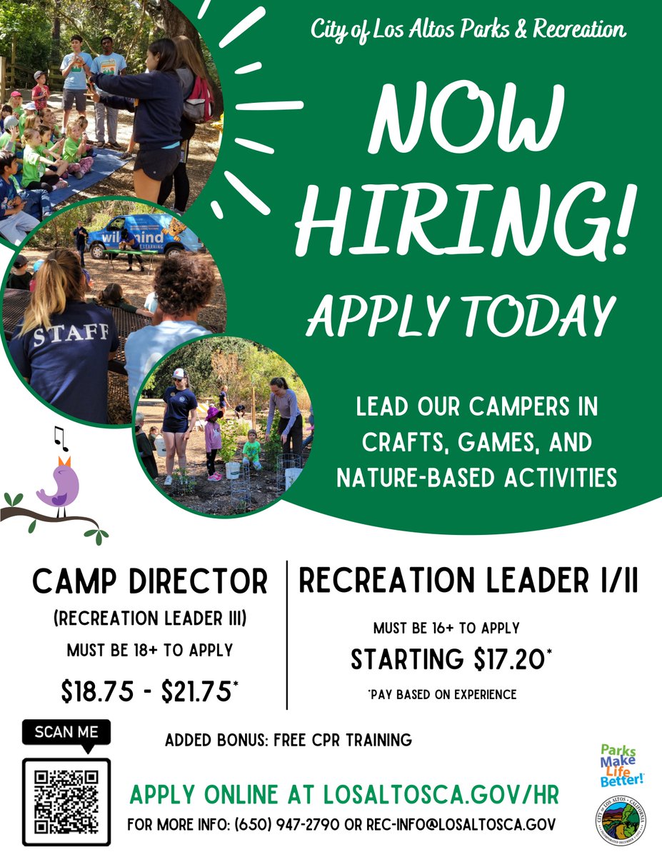 The City of Los Altos Parks &amp; Recreation Department has many wonderful part-time job opportunities that are currently available. Apply here: losaltosca.gov/adminservices/… #RecreationJobs