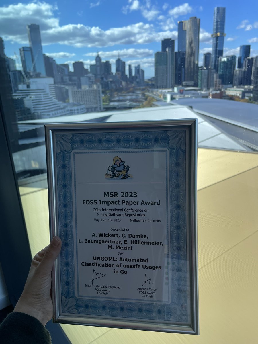 akwickert's tweet photo. I am glad and honored to share that our paper “UnGoML: Automated Classification of unsafe Usages in Go” was awarded the @msrconf FOSS award. 🙌 

Our tool that was mentioned:  https://t.co/aJ9EqL6TyC

Joint work with @ClemensDamke, @gh0st42, @eyke_hu, and @m_mezini. 

#MSR2023 https://t.co/wPMMBjCxxD