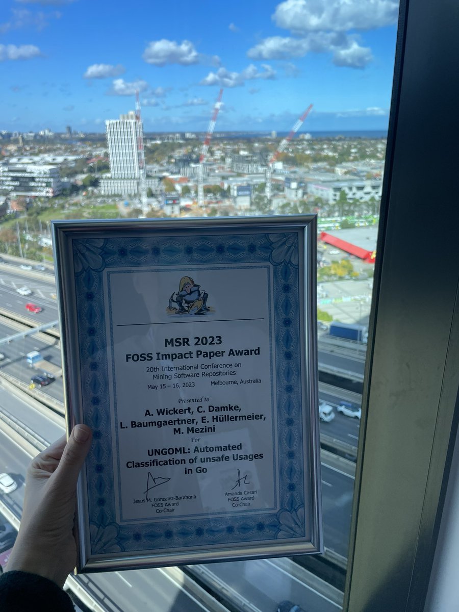 Anna-Katharina Wickert (@akwickert) on Twitter photo I am glad and honored to share that our paper “UnGoML: Automated Classification of unsafe Usages in Go” was awarded the <a href="/msrconf/">MSR 2025</a> FOSS award. 🙌
Our tool that was mentioned: github.com/stg-tud/ungoml
Joint work with <a href="/ClemensDamke/">Clemens Damke</a>, <a href="/gh0st42/">gh0st</a>, <a href="/eyke_hu/">Eyke Hüllermeier</a>, and <a href="/m_mezini/">Mira Mezini</a>.
#MSR2023 I am glad and honored to share that our paper “UnGoML: Automated Classification of unsafe Usages in Go” was awarded the <a href="/msrconf/">MSR 2025</a> FOSS award. 🙌
Our tool that was mentioned: github.com/stg-tud/ungoml
Joint work with <a href="/ClemensDamke/">Clemens Damke</a>, <a href="/gh0st42/">gh0st</a>, <a href="/eyke_hu/">Eyke Hüllermeier</a>, and <a href="/m_mezini/">Mira Mezini</a>.
#MSR2023