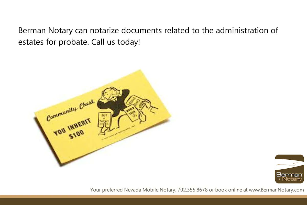 bermannotary's tweet photo. We can notarize any administration of estates for probate documents.
--- ---
https://t.co/6cpCYFoSFE
#BermanNotary #MobileNotary #NevadaNotary #VegasMobileNotary
#WeNotarize #GoToNotary #VotedBestNotary #NotaryPublic https://t.co/ahvlhFvKF1