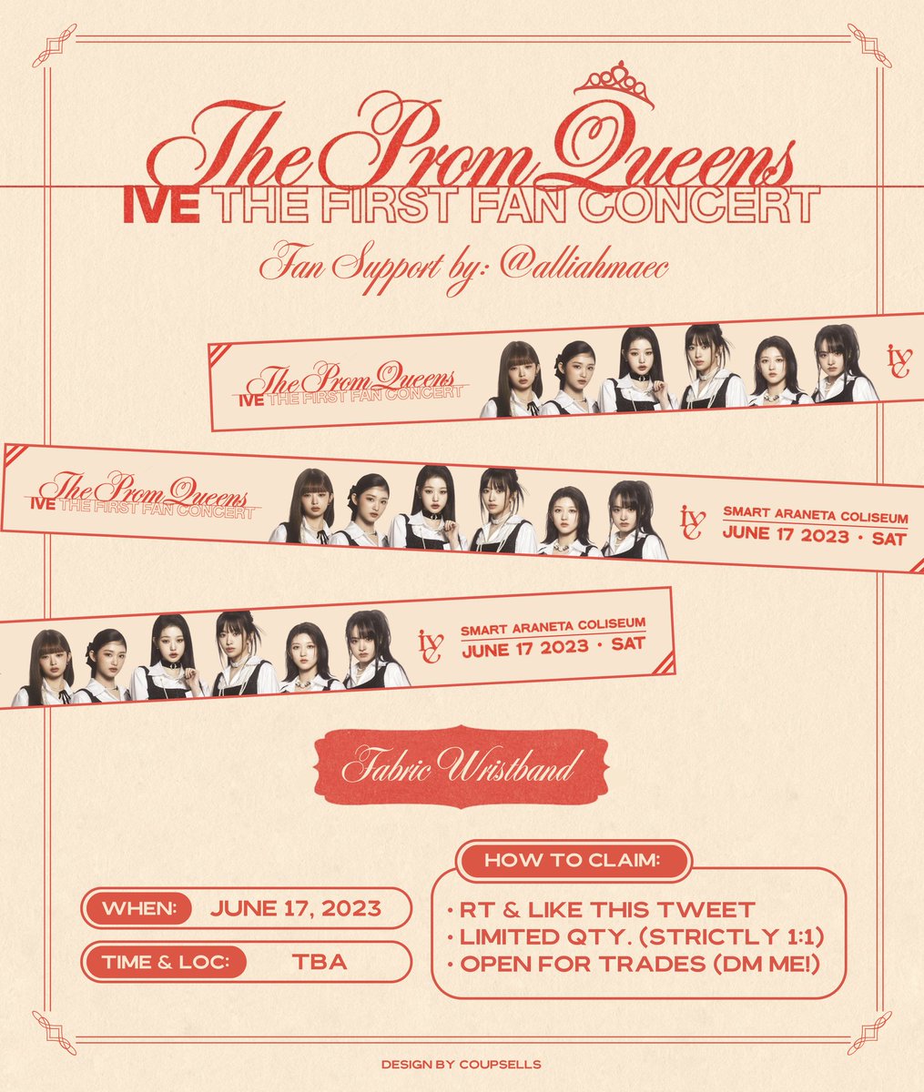 amberwinsss's tweet photo. 👑 THE PROM QUEENS - IVE THE FIRST FAN CONCERT IN MANILA 👑

𖥔 FABRIC WRISTBAND FAN SUPPORT by @alliahmaec

⊹ LOC &amp; TIME TBA (Follow for updates)
⊹ LIMITED QTY ONLY (Strictly 1:1)
⊹ OPEN FOR TRADES! DM ME 🤗

LIKE &amp; RT TO SPREAD ❣️

#IVE #아이브 #ThePromQueens #IVEMNL2023 https://t.co/COlJShUCqO