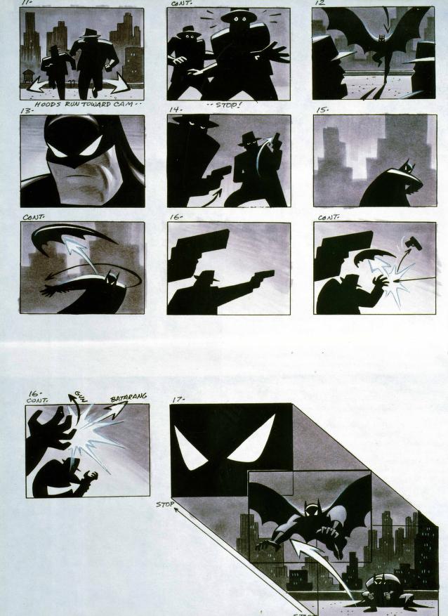 Storyboard for the opening of Batman: The Animated Series, drawn by Bruce Timm & colored by Eric Radomski in 1992.
(1/2)