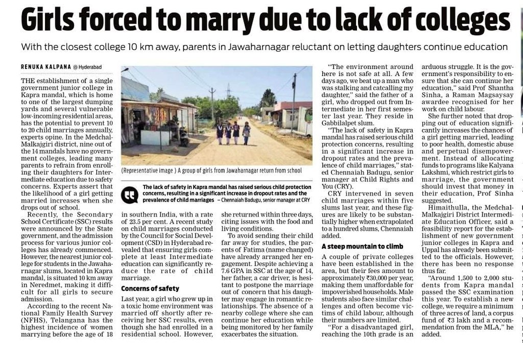 #Kapra & 8 other mandals in #Medchal District do not have any Govt. Junior Colleges. Pass percentage of 44% in #Jawaharnagar highlights the grave inaccessibility to higher secondary education, especially for marginalized girls, often resulting in #ChildMarriages and #ChildLabour.