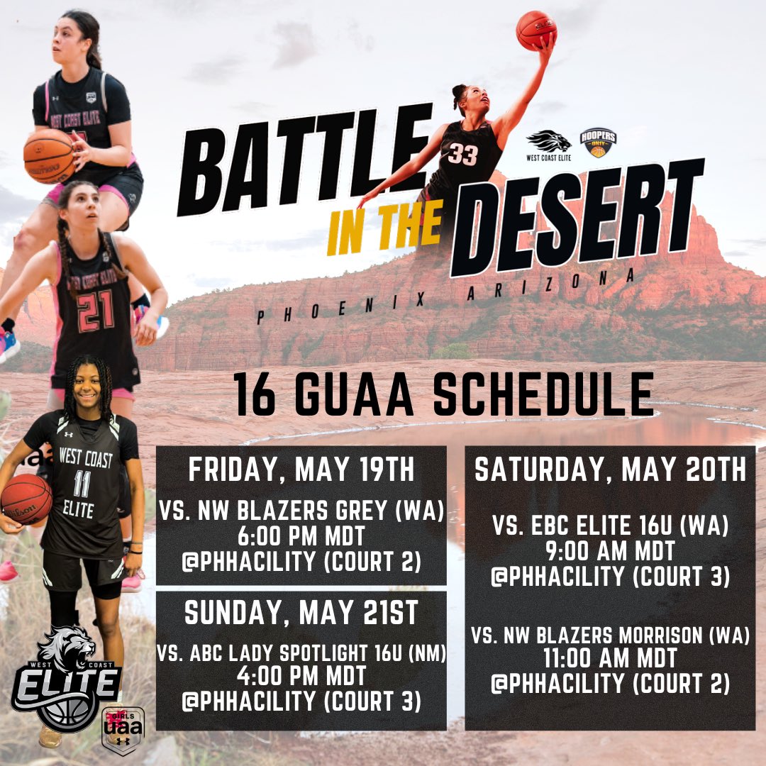 West Coast Elite 16 GUAA schedule for the Battle in the Desert Tournament THIS WEEKEND, May 19th-21st.👀

#WCEGUAA #ALLIN #AttitudeOfGratitude