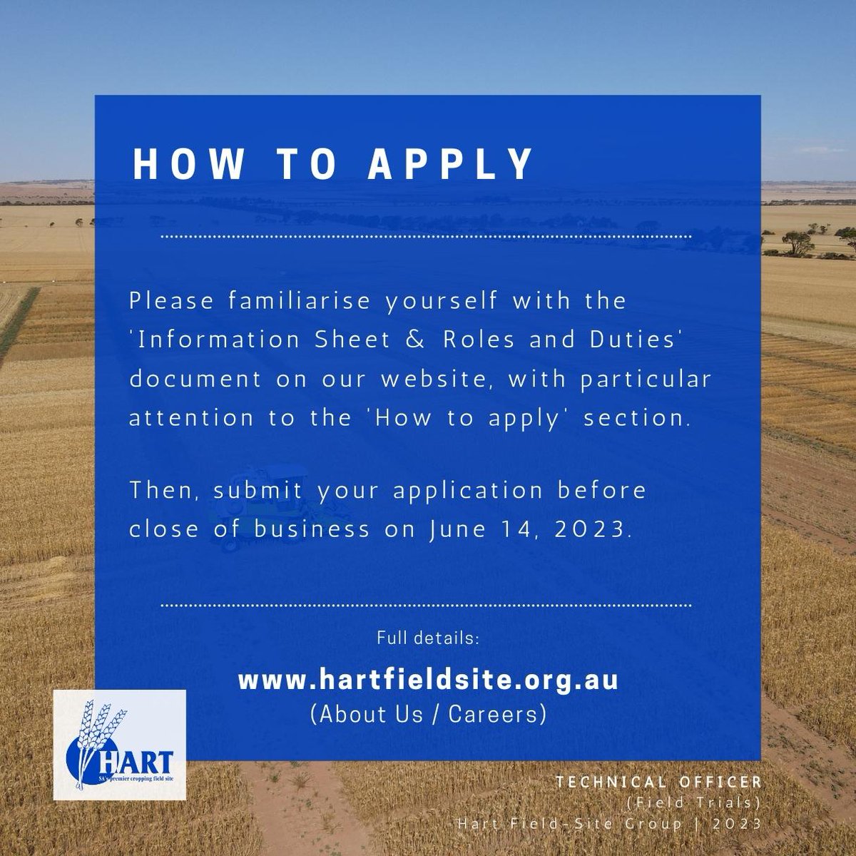 🌱 JOIN OUR TEAM! - TECHNICAL OFFICER (Field Trials)
With some exciting new projects on the Hart program, we've created a brand new role to support our team!
❓Want to know more...?
hartfieldsite.org.au (About us / Careers)
Applications close June 14, 2023