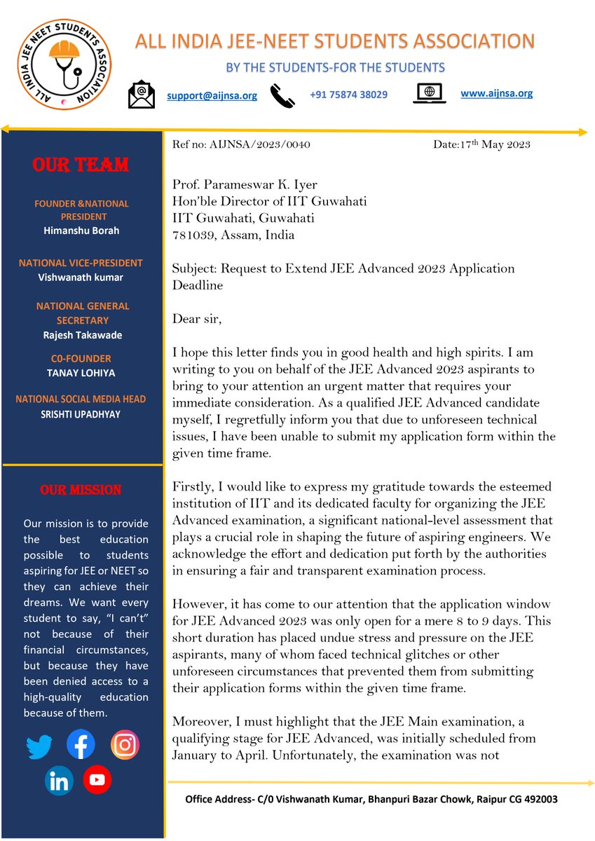 AIJNSA_official's tweet photo. 📢 Urgent plea to @IITGuwahati ! 🙏 JEE Advanced 2023 aspirants, including myself, faced technical issues preventing timely application submission. Requesting an extension of the deadline to ensure fair opportunity for all deserving candidates. #ExtendJEEAdvancedDeadline https://t.co/8B9iyzsJs8