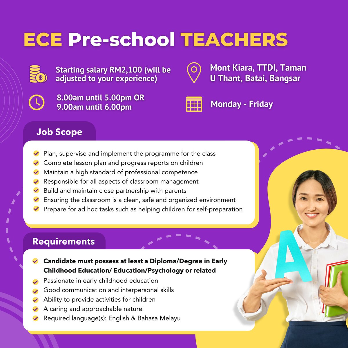 🍎 URGENT HIRING 🍎 We're looking for Early Childhood Education (ECE) Teachers! 💰 Starts from RM2,100 - above (Depending on your experience) 👉 Apply now: bit.ly/QworkTeaching #jobmalaysia #nakkerja #jawatankosong #carikerja