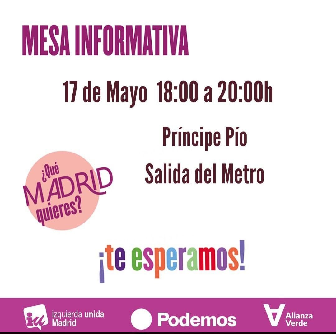 Podemos_DV's tweet photo. Esta tarde estaremos en
una Mesa Informativa, compartiendo con vecinas y vecinos nuestras propuestas para #TransformarMadrid
Os esperamos!!
👉Mesa Informativa
📅 17 de Mayo
⏰18 - 20 h
🏠 Estación Príncipe Pío, salida del Metro https://t.co/rNDErIZVcF