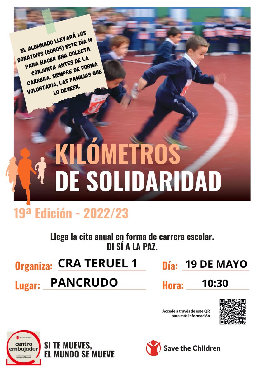 🎉El próximo viernes 19 de mayo realizaremos, en Pancrudo, la carrera Save the Children por la paz. Os animamos a colaborar. 😊
#crateruel1 #escuelapublica