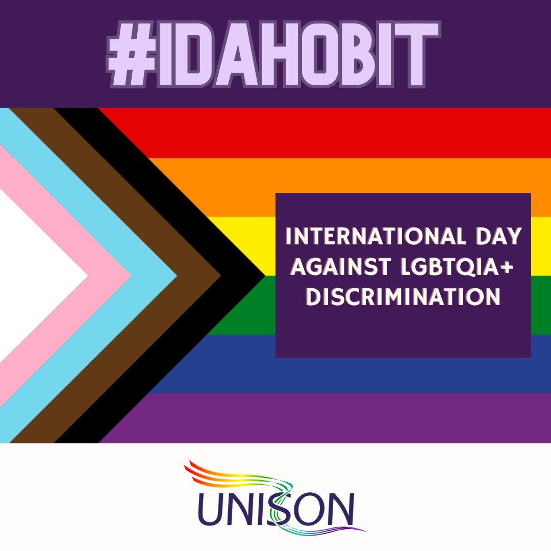 unisontheunion's tweet photo. Today is #IDAHOBIT day - International Day Against LGBTQIA+ Discrimination

Across the country, UNISON members negotiate policies to protect and support trans workers, non-binary and gender diverse members in the workplace

Challenging inequality: https://t.co/h6flEVyyIJ https://t.co/MHbJNuK36L