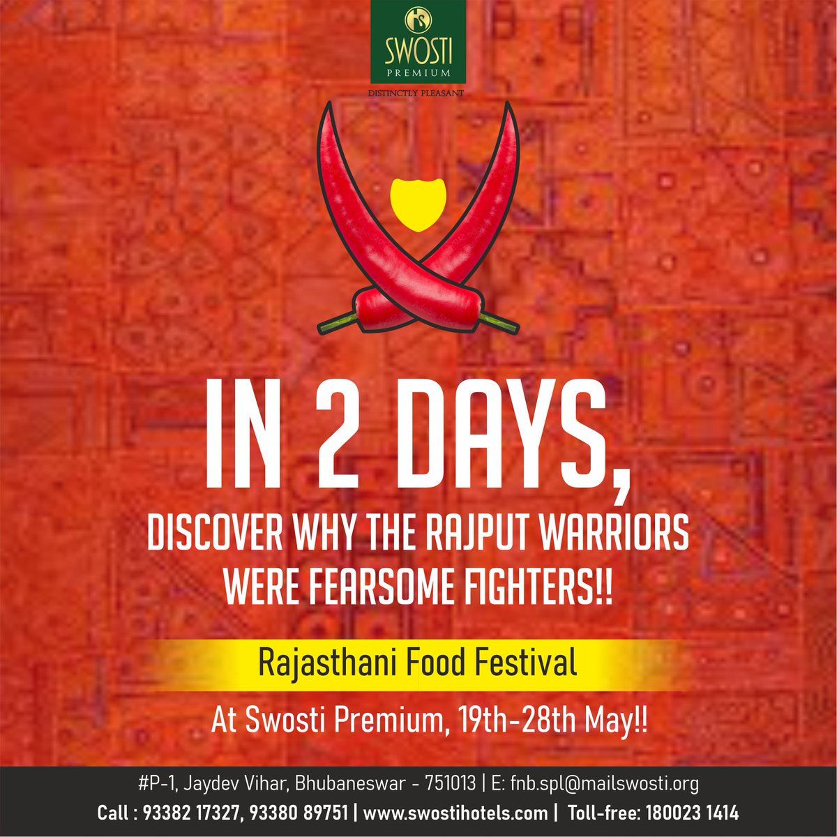 The flavors of Rajasthan are coming to life at 'The Gourmet Restaurant' in just 2 days! 🎉
Get ready to embark on a culinary journey through the vibrant land of royals! 
🗓️19th-28th May (Buffet Dinner)

#RajasthaniFoodFestival #GourmetRestaurant #FoodieHeaven #SwostiPremium