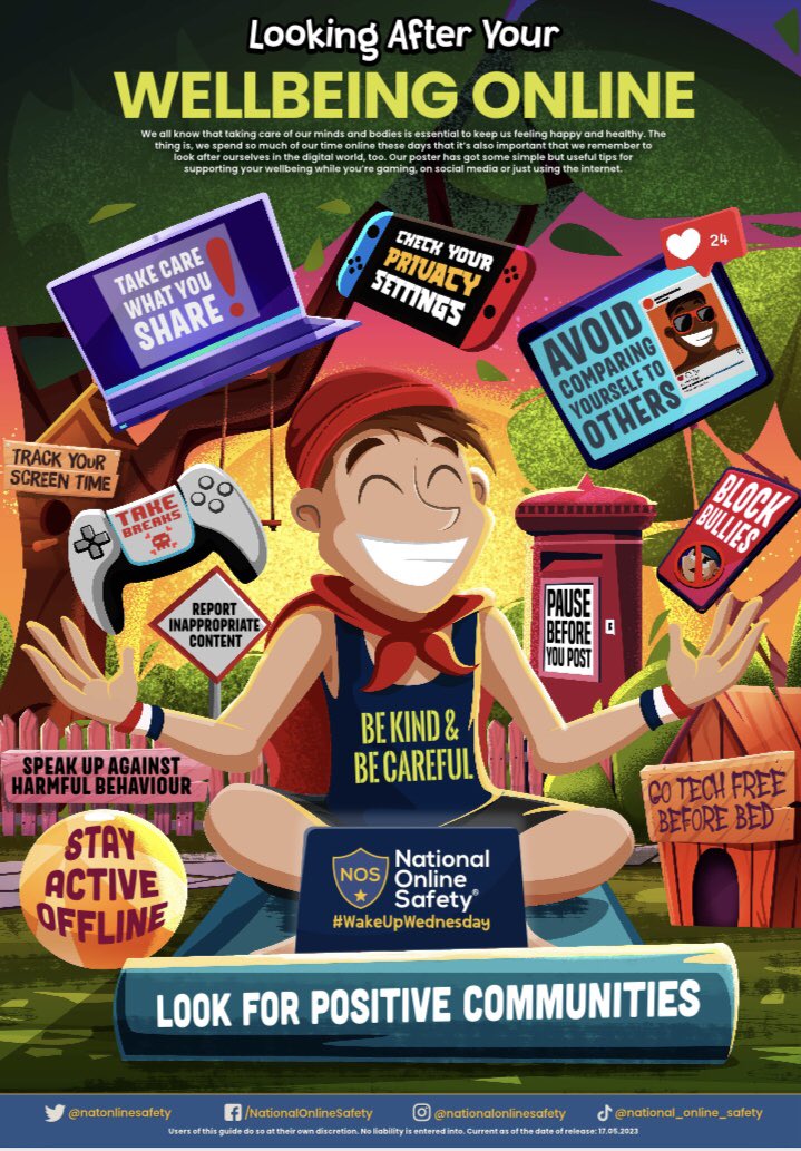 horizon_cc's tweet image. This online safety guide has tips for looking after children’s wellbeing when they’re online – including going tech free before bed, avoiding comparisons with others and pausing before they post. #WakeUpWednesday #MentalHealthAwareness #saferinternetuse