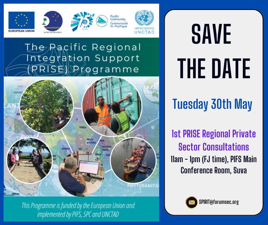 PacificEUTrade's tweet image. We are excited to announce the 1st #PRISE Regional #PrivateSector Consultations (Hybrid) on the 30th May, at the MCR at #PIFS. 

If you are looking to grow your business through #exports then we want to hear from 🫵. 

Register here 👉 forumsec-org.zoom.us/meeting/regist…
