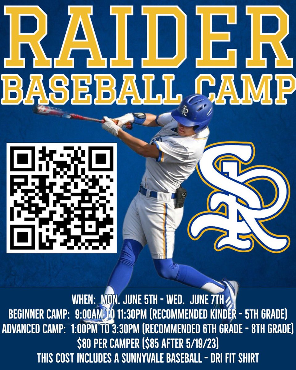 CoachGeer's tweet photo. .@SvaleRaiderBSB Camp is quickly approaching. Get your campers signed up so we can work on our skills and have a blast. Use the link to sign up https://t.co/1TrNniluQg

We are also looking for businesses to sponsor our camp t-shirts. If you are interested, please reach out to me https://t.co/jX6kJCHe8p