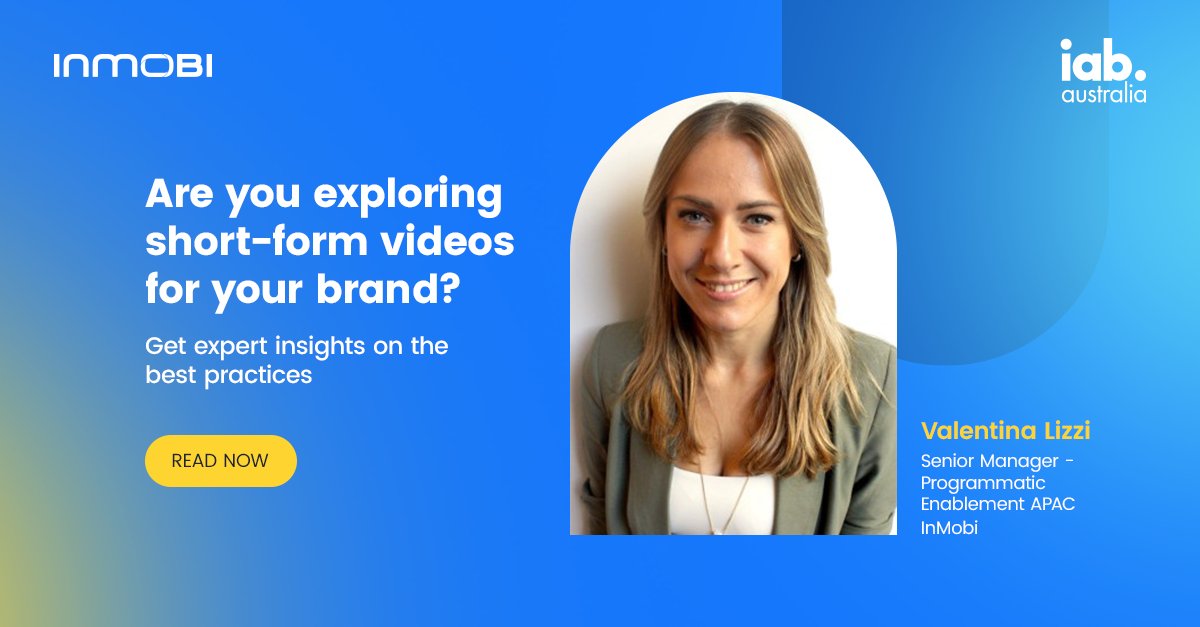 InMobi (@inmobi) on Twitter photo It was an honor to contribute to <a href="/IABAustralia/">IAB Australia</a>'s latest short-form video advisory. It's where InMobi's Valentina Lizzi shared insights along with other experts on the short-form video environment. Check the short-form editorial video one-pager at iabaustralia.com.au/resource/video⦠It was an honor to contribute to <a href="/IABAustralia/">IAB Australia</a>'s latest short-form video advisory. It's where InMobi's Valentina Lizzi shared insights along with other experts on the short-form video environment. Check the short-form editorial video one-pager at iabaustralia.com.au/resource/videoā¦