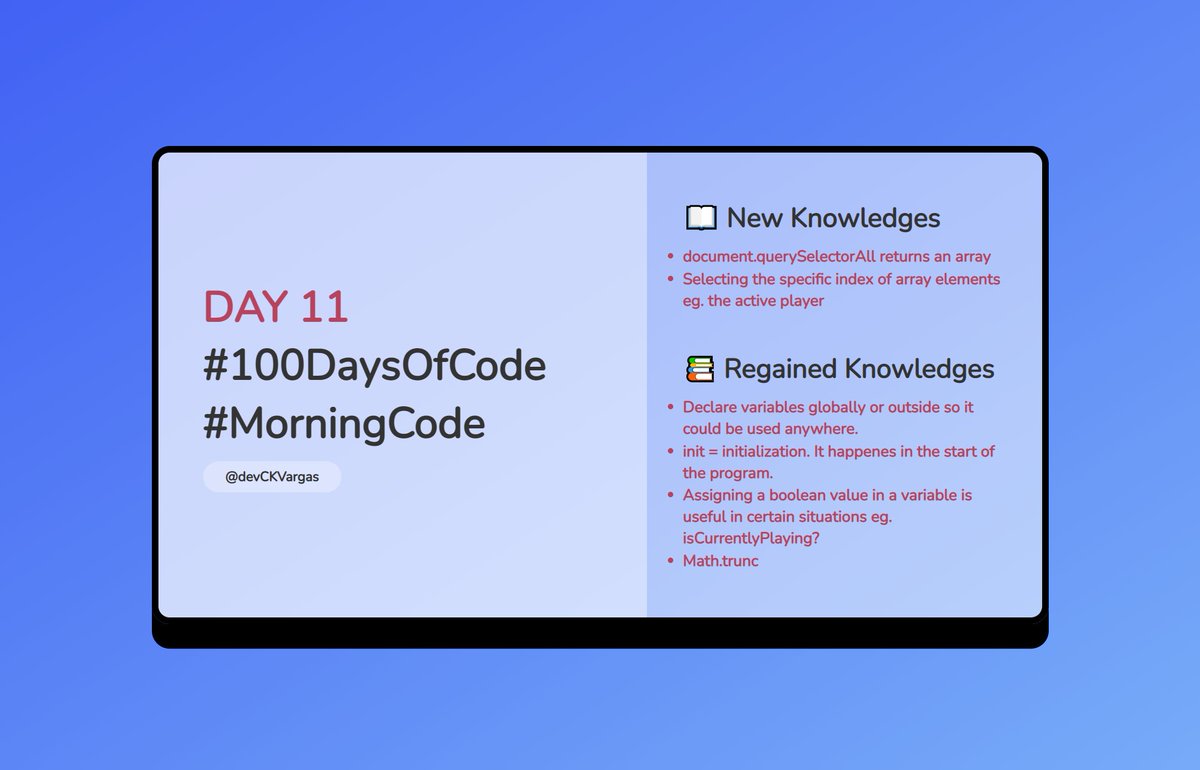 devCKVargas's tweet image. Day 11 #100DaysOfCode #MorningCode
I wrote my learning takeaways into a simple web page.