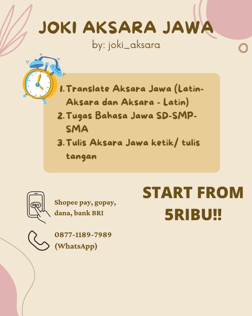 joki_aksara's tweet photo. hai hai, kalian ada tugas bahasa jawa dan aksara jawa yg bikin kalian risau? yuk langsung hubungi minSara aja nih, pake jasa kita dijamin bakal cepet selesai tanpa ribet dan galau🤩 bakal sesuai deadline

#jokitugasbahasajawa #jokitugasmurah #jokiaksarajawa #jokitranslateaksara https://t.co/4v8l07AiyI