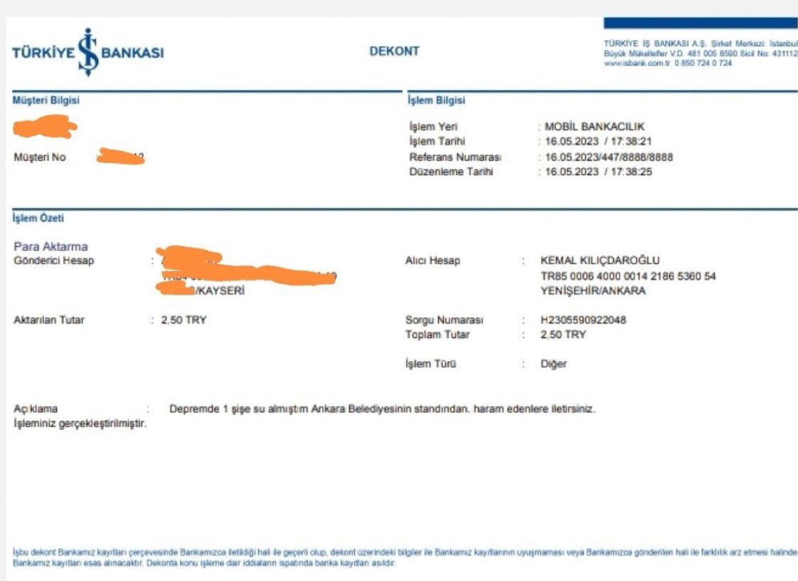 Elbistan depreminde 11 yakınını kaybeden bir vatandaştan Kemal Kılıçdaroğlu'na: 

"Depremde 1 şişe su almıştım Ankara Belediyesinin standından. Haram edenlere iletirsiniz."