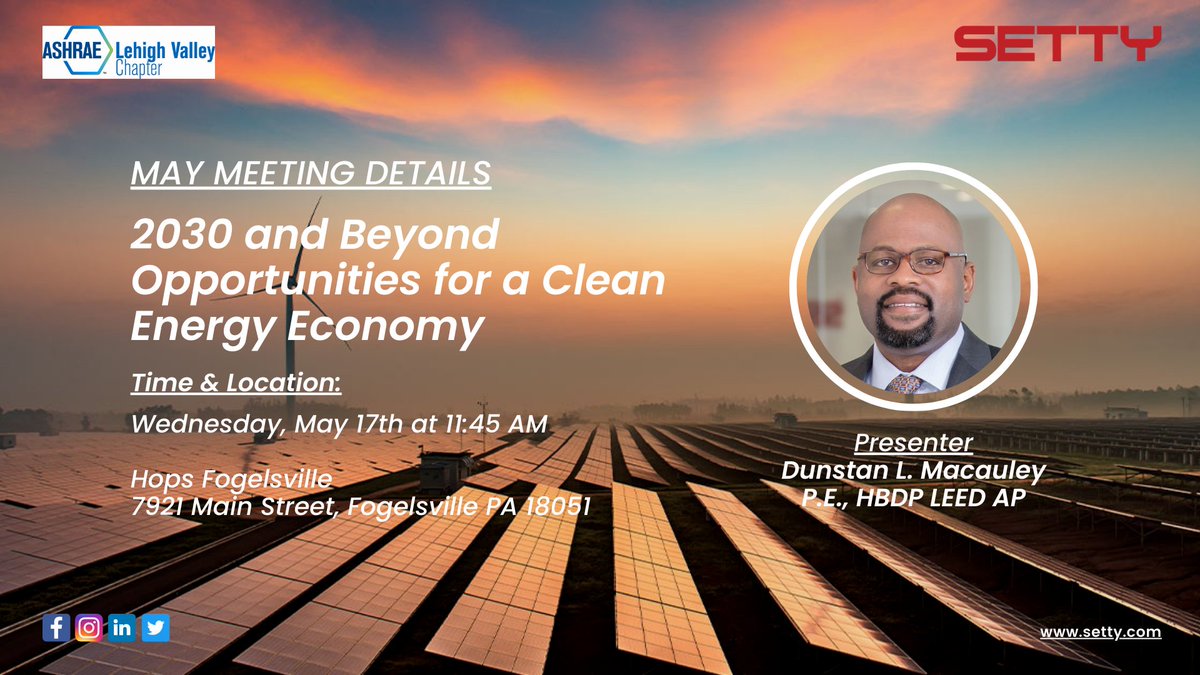 Global #climatechange is arguably the most important issue today! Join Dunstan Macauley, P.E. in a presentation on “Opportunities for a Clean Energy Economy”. Follow the link below for more information.
lvashrae.org/newsletter
#CleanEnergy #energy #ClimateAction #CleanEnergy