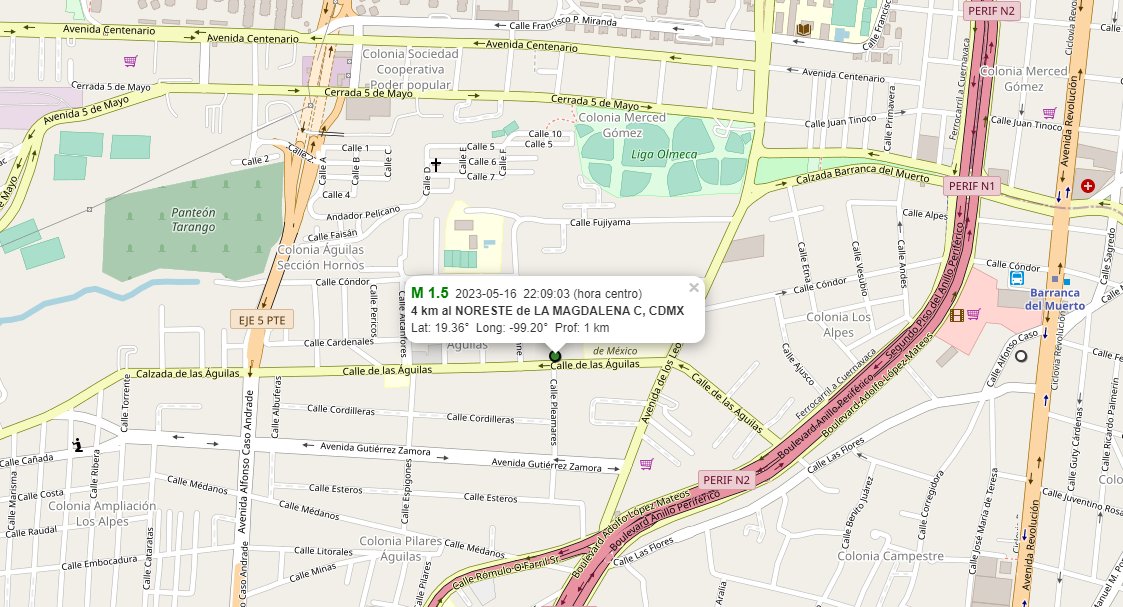 #SismoCDMX de magnitud 1.5, a las 22:09 h, con epicentro al  poniente de Barranca del Muerto.

•25 réplicas reportadas por el SSN con magnitudes desde 1.0 a 2.3.