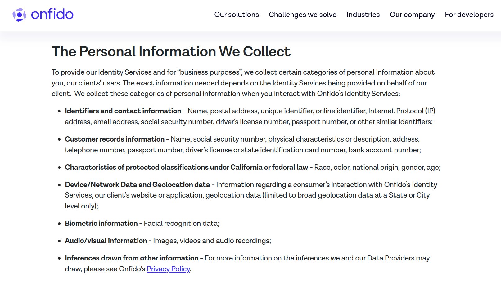 Onfido Information Collection