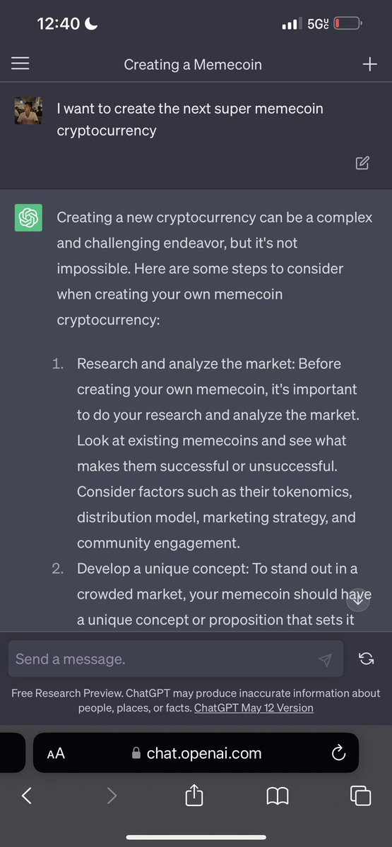 tnemfndng's tweet photo. I ask chatgpt to create me the next super memecoin here is what I got.  Should I follow through? https://t.co/aVeCwTjgZD