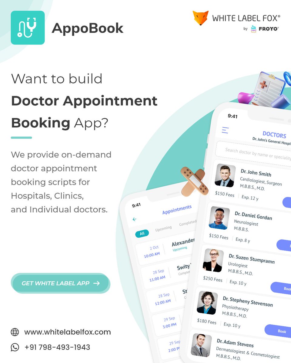Get Ready To Use Online Doctor Appointment Booking Software Solution For Your Hospitals and Clinic Businesses. 
.
.
Visit: tinyurl.com/3rp5jzy6
.
.
#doctorappointmentbookingapp #doctorapp #doctorondemnad #appointmentbooking #appointmentbookingapp #hospitalapp #whitelabelfox
