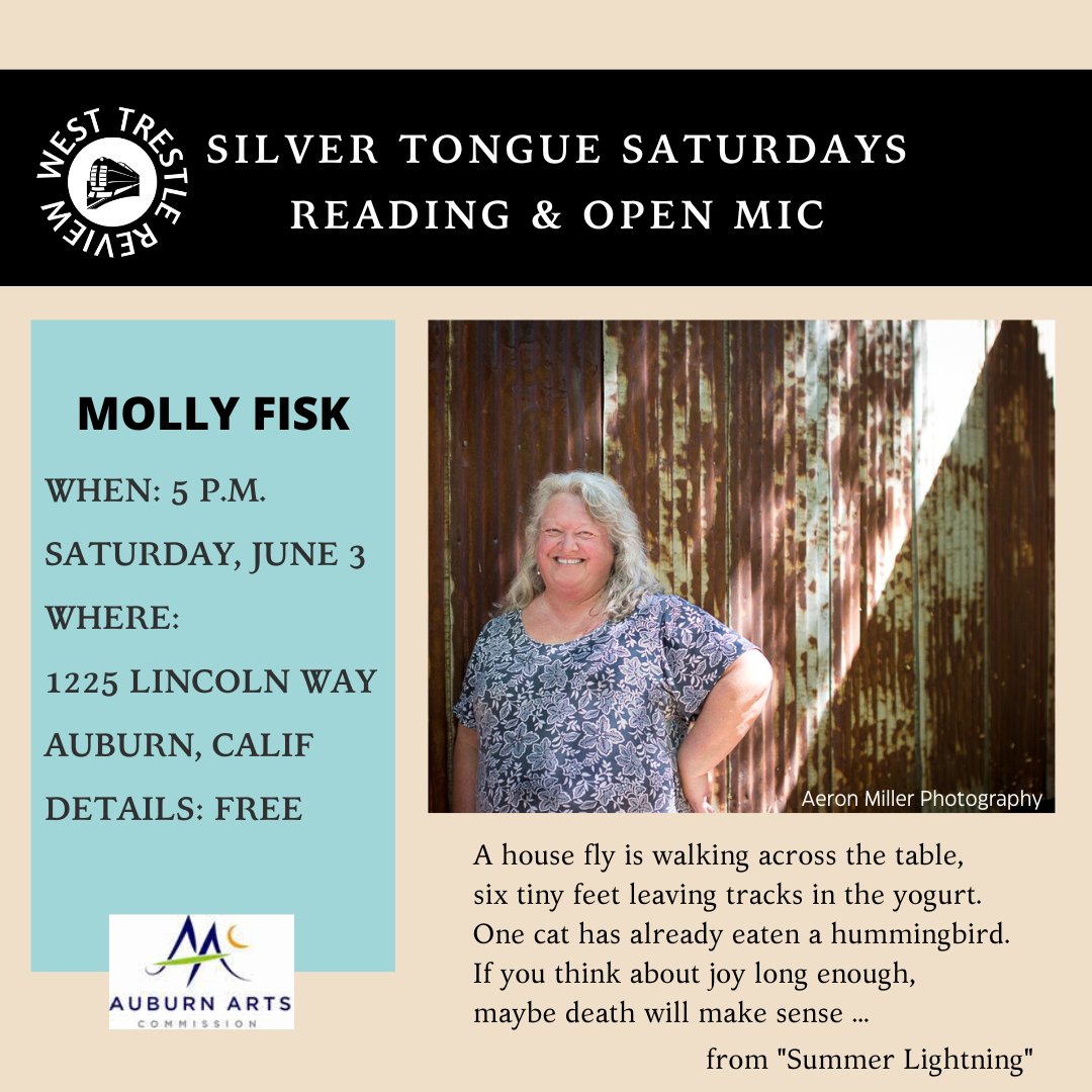 Hey friends! Molly Fisk is reading in Auburn. Come, listen, ask, read. Be happy. 
#sacramentoevents #AuburnCA #PlacerCounty #placerlife #openmic #events #goldcountry #foothills #poetrycommunity #poetsoftwitter