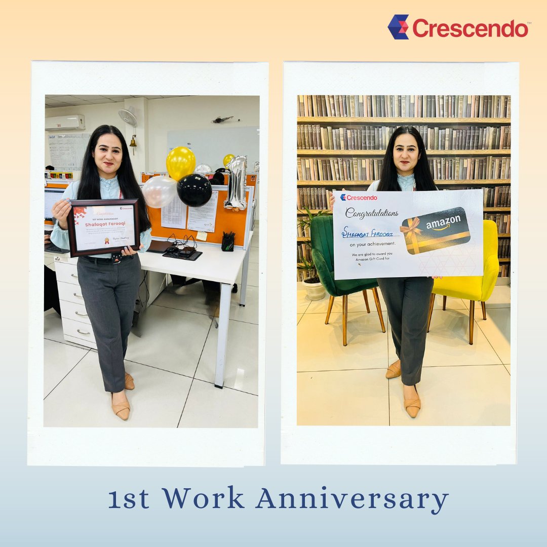 Success story with Team Crescendo!

Congratulations Shafaqat Farooqi on your 1-year work anniversary!

Join Us, buff.ly/3G5m7ke

#work #congratulations #workanniversary #sincerity #growing #crescendoglobal #success #team #1year