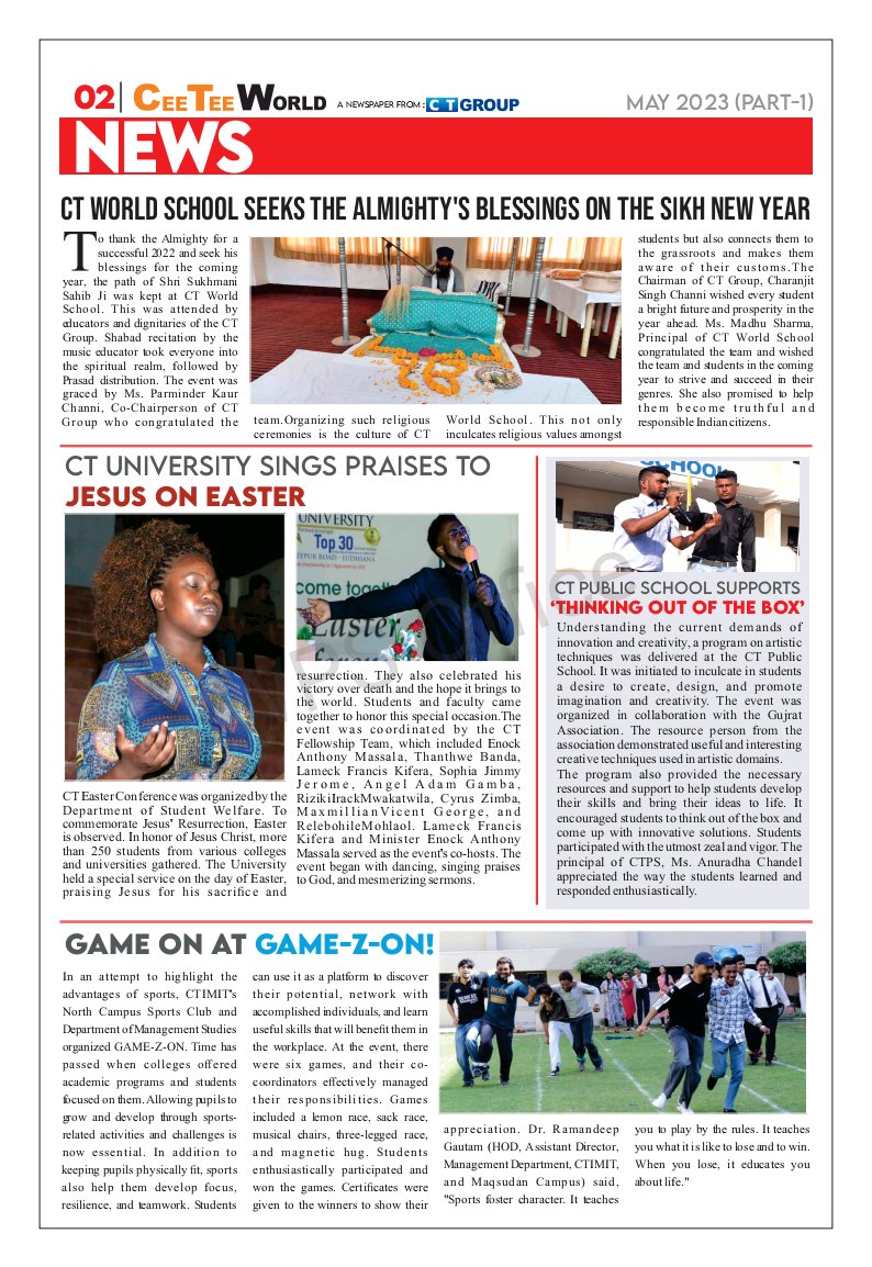 CT_University's tweet photo. Here is part one of the Cee Tee World Newsletter of May 2023. It covers the major activities of CT Group.
#ceeteeworld #ctgroup #ctws #ctps #may2023 #newsletter #admissionsopen #celebrating25years #since1997 #silverjubilee #25yearsoflegacy #CTians #careerbeginshere #TeamCT https://t.co/vGtLL6JKbA