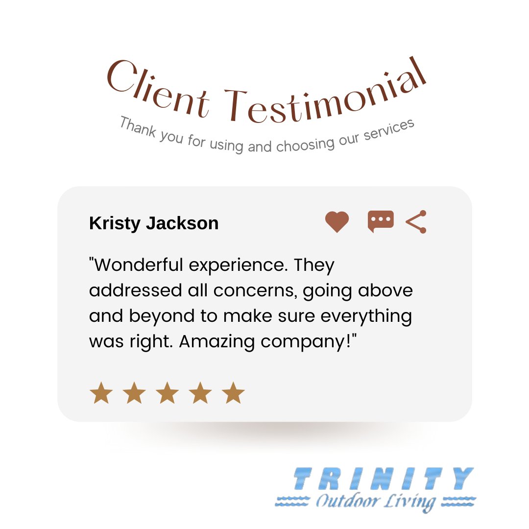 TrinityOutdoor's tweet photo. We love hearing from our clients! Thank you for your kind words, Kristy. Trinity is dedicated to customer satisfaction which is ensured through its “in-house” approach on each project.
 
 #reviews #customerreview #customerservice #customerservice #customersatisfaction https://t.co/StEb46oVqe