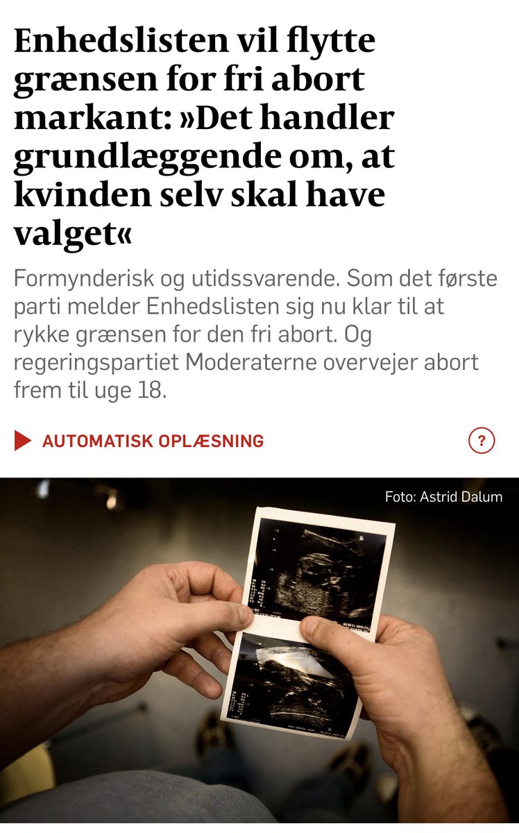 Stærkt! Første parti der foreslår en modernisering af abortloven. Jeg er helt enig. Kvinders ret til selv at bestemme, skal være centrum i dansk abort lovgivning. Og husk: vi flytter ikke grænsen for abort, men grænsen for hvornår gravide selv kan bestemme. #dkpol