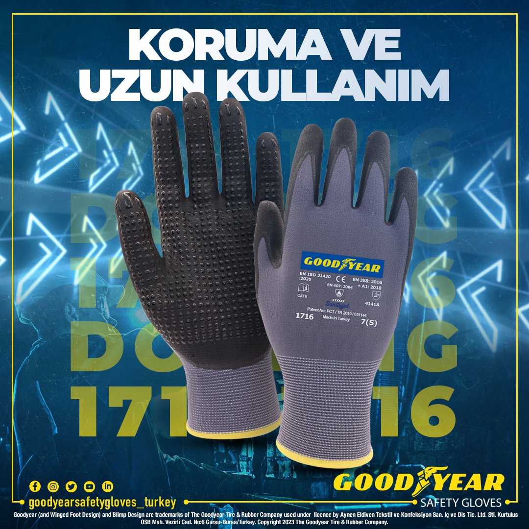 Model No: 1716
Dotting ve crotch ile daha fazla koruma ve uzun kullanım avantajı sağlayın.

Provide more protection and long use advantage with dotting and crotch.

#goodyear #goodyearsafetygloves #safetygloves #workgloves #handprotection #protectyourhands #işeldiveni