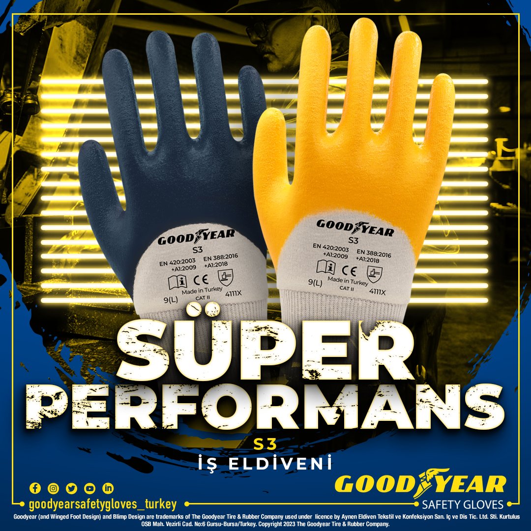 Model No: S3
Süper performans iş eldiveni aşınmaya ve sürtünmeye karşı maksimum dirençlidir.

Super performance work glove with maximum resistance to abrasion and friction.

#goodyear #goodyearsafetygloves #safetygloves #workgloves #handprotection #protectyourhands #işeldiveni