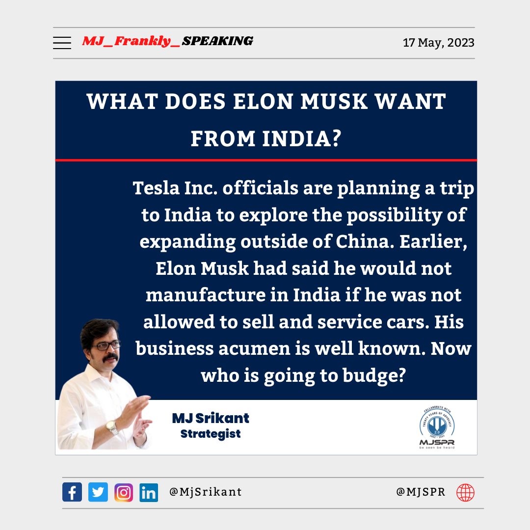 MJSrikant's tweet photo. What does Elon Musk want from India?

#elonmusk #tesla #spacex #nasa #space #bitcoin #motivation #teslamodel #jeffbezos #elon #mars #memes #cryptocurrency #science #elonmuskquotes #billgates #teslamotor #business #crypto #entrepreneur #dogecoin #teslamodels #ethereum #technology https://t.co/vCzmr0lDFE
