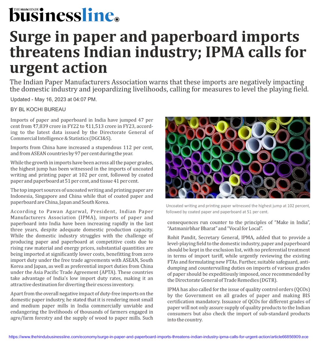 ipma_india's tweet photo. Imports of paper and paperboard into India have been increasing rapidly in the last three years, despite adequate domestic production capacity - Pawan Agarwal, President, Indian Paper Manufacturers Association (IPMA).
#PaperImports #PaperIndustry #IPMA #Paperboard https://t.co/oVnFBAW0L2
