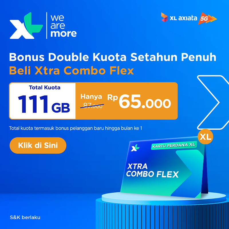 myXL's tweet photo. Ayo aktifkan kartu perdana Xtra Combo Flex! Hanya 65rb, langsung dapat Bonus Double Kuota hingga 111GB Setahun Penuh. Beralih ke XL sekarang!