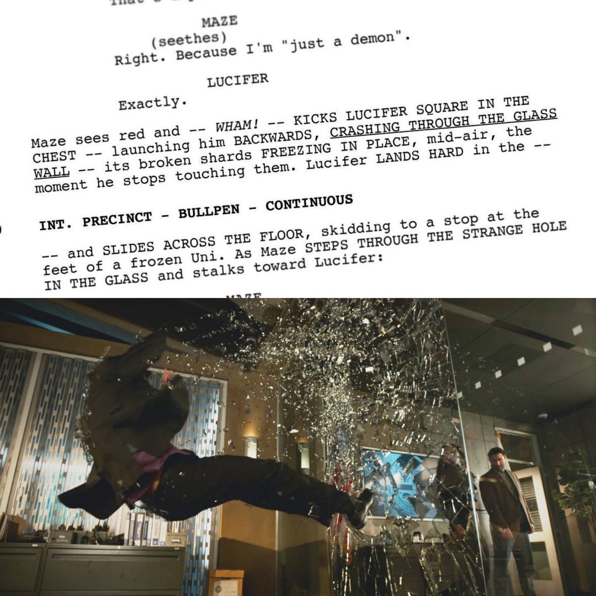 This is one of the most spectacular scenes. The writers wrote that Maze crashes Lucifer through the glass....and cast and crew and @CoSAVFX managed to do that 

#lucifer #Lucifans #lucifermorningstar #Lucifamily #lucifam #tomellis  #luciferseason5 #lucifercastandcrew