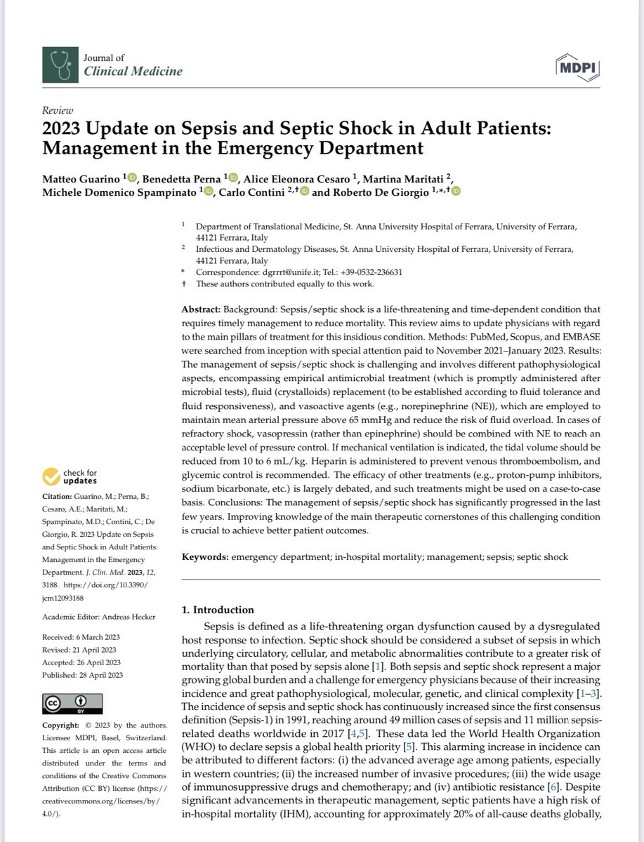 Actualización en el manejo de sepsis y choque séptico en urgencias 🦠🚨

- Antibióticos
- Líquidos (No les pases 30/kg)
- Vasopresores 
- Oxigenoterapia 
- TSR 

Muy completa y de referencia rápida. Un “MUST” para leerlo 

doi.org/10.3390/jcm120…