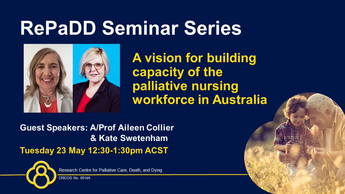 Join our special #NPCW2023 lunchtime seminar - Tues 23 May 12:30pm ACST - as @AileenCollier15 and Kate Swetenham share 'a vision for building capacity of the palliative nursing workforce in Australia'

Register today: eventbrite.com.au/e/lunchtime-se…