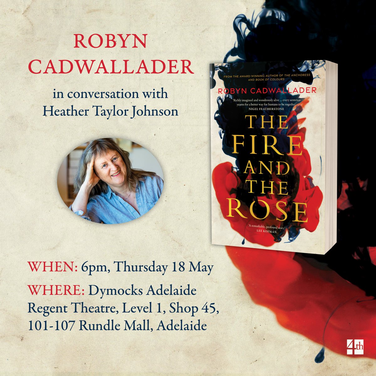 Adelaide, I'm here, enjoying your gorgeousness. 
Please come and join me tomorrow night when I'll be chatting about my new novel, The Fire and the Rose, with equally gorgeous @htaylorjohnson  at <a href="/DymocksAdelaide/">Dymocks Adelaide</a>, Rundle Mall. 
May 18, 6pm. Please book: eventbrite.com.au/e/the-fire-the…